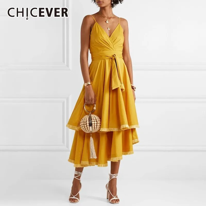 

CHICEVER Summer Vintage Patchwork Tassel Dress For Women V Neck Spaghetti Strap High Waist Asymmetrical Ruffles The Dresses New