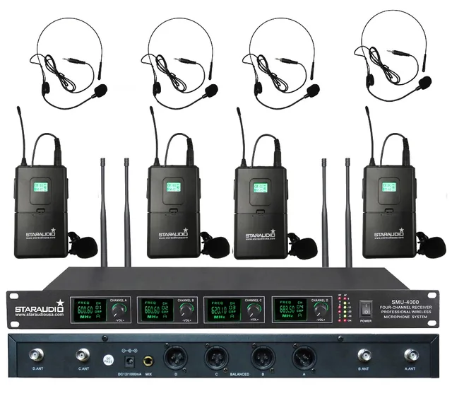 STARAUDIO 4CH Wireless UHF Microphone 4 Channel Headset Lavalier Lapel 