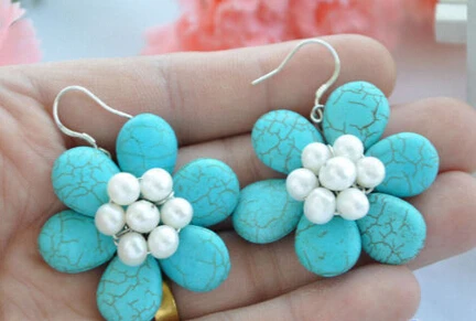

free shippinbg 13378 blue turquoise bead white pearl flower dangle earring
