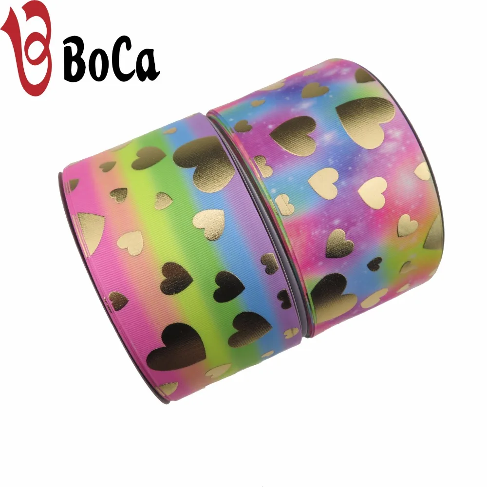 

New design 75mm rainbow heat transfer Valentine's day gold foil printed grosgrain ribbon