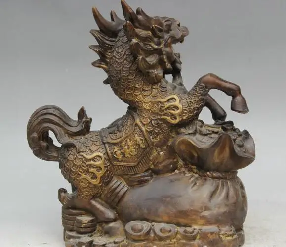

S0998 11 Chinese Folk Bronze Wealth Dragon Kylin Beast Money Bag Statue Sculpture