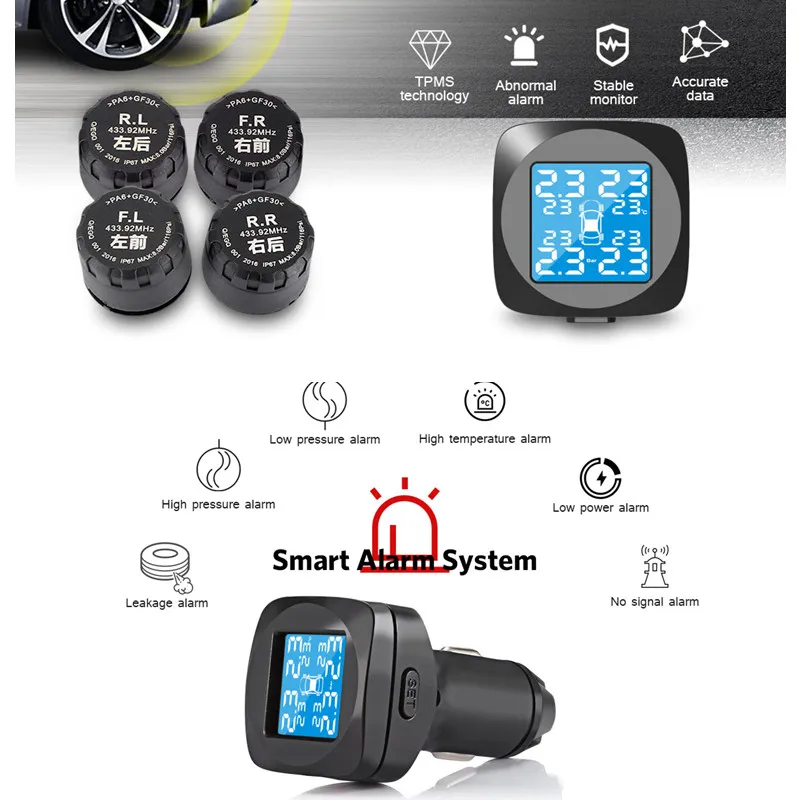 

Smart Car Wireless TPMS External Tire Pressure Monitoring System Cigarette Lighter Digital LCD Display Tire Pressure Alarm