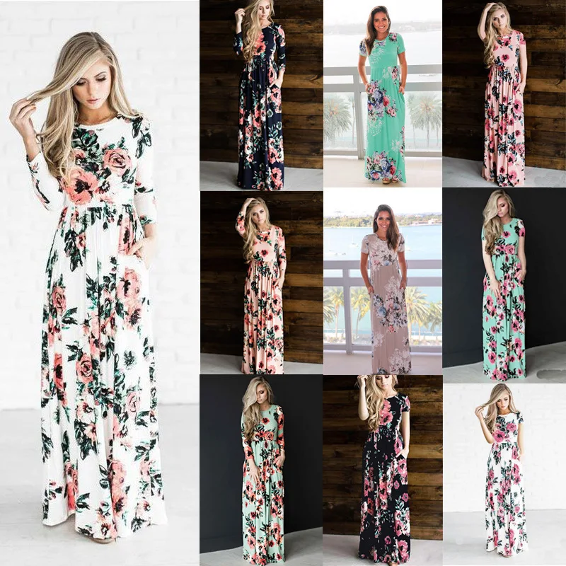 

2019 Summer Long Dress Floral Print Boho Beach Dress Tunic Maxi Dress Women Evening Party Dress Sundress