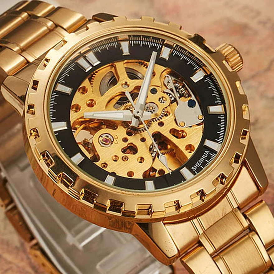 

Luxury Men Automatic Mechanical Watch Skeleton Self Wind Black Gold Sliver Case Dial Watches Luminous Hands Steel Wrist Clock