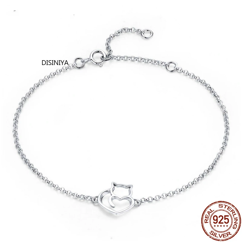 

DISINIYA 100% 925 Sterling Silver Cat And Heart Link Chain Bracelets & Bangles for Women Authentic Silver Jewelry Gift SCB102