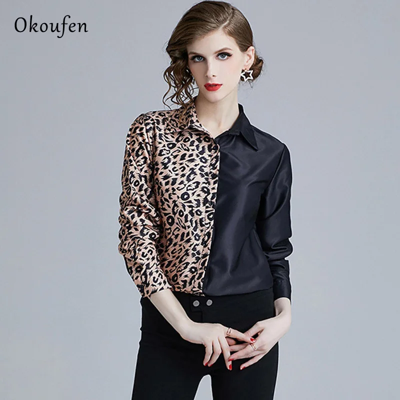 

OKOUFEN Spring 2019 Turn Collar Black Colour Fashion Individuality Stitching Long-sleeved Leopard-print Shirt Women ZX0028