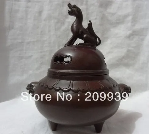 

00593 China Buddhism Bronze Lion PiXiu Head Statue Old Unicorn Incense Burner Censer