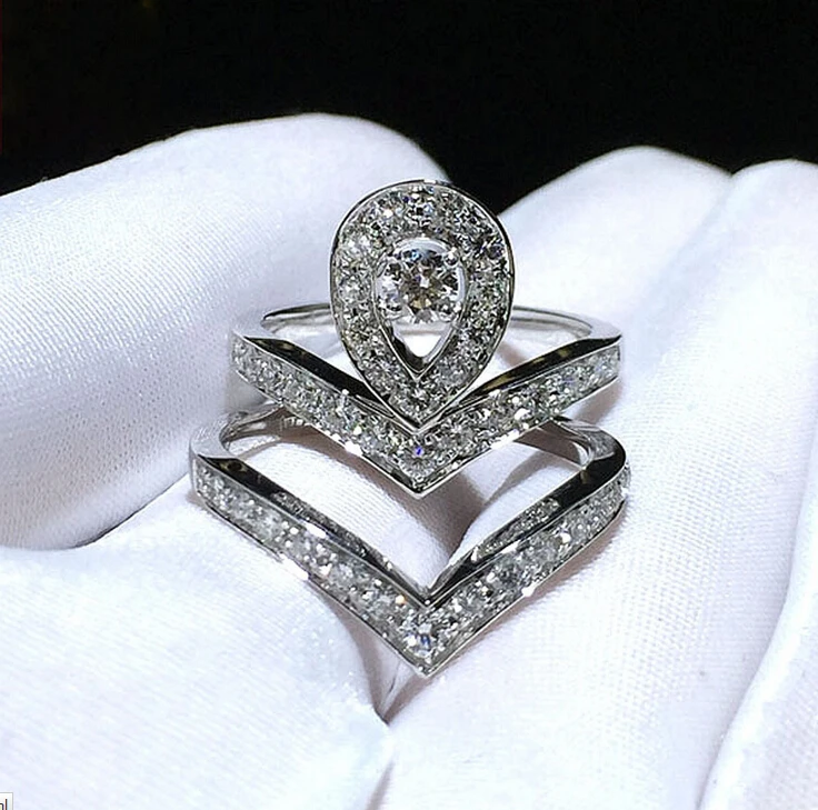 

Vecalon Unique Design Engagement Wedding Band Ring Set for Women AAAAA Zircon Cz 10KT White Gold Filled Female Party ring