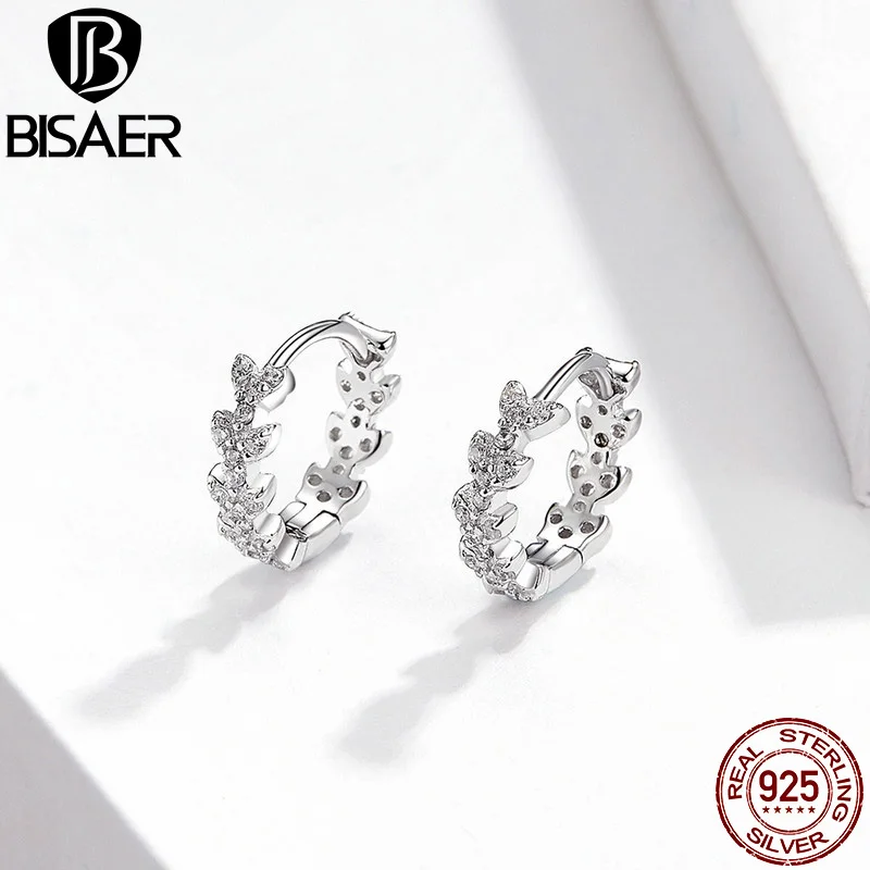 BISAER Wedding 925 Sterling Silver Flower Shape Stud Earrings for Women Luminous Cubic Zircon Earrings Jewelry EFE150