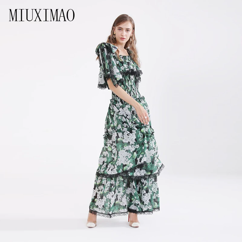 

Custom Plus Size Dress Autumn Maxi Dresses Women's Elastic Waist Casual Floral Print Boho Holiday Vacation Lace Long Dress Women