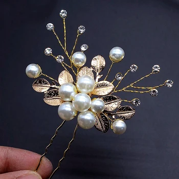 

6 PCS Gold Leaf Hair Pin And Clip Flower Pearl Sticks Vintage Hairpins Wedding Accessories Crystal Bridal Head piece For Ladies