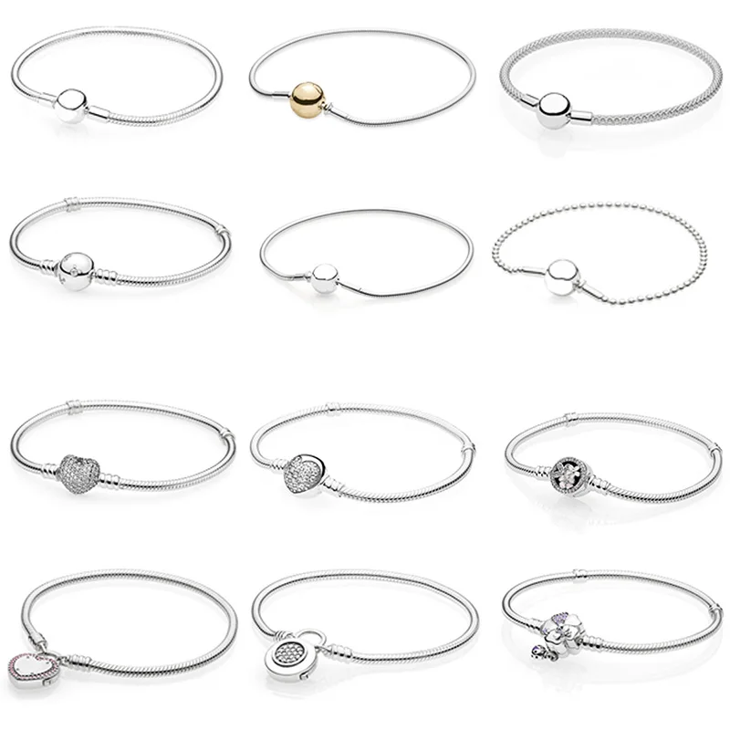 

12 Style 925 Sterling Silver Basic Snake Chain Bracelets For Women Crystal Clasp Clip Fit Charms Beads & Pendants For Women
