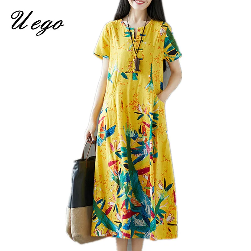 Uego хлопковое льняное свободное летнее платье с модным цветочным принтом в китайском стиле, Новое поступление, женское Повседневное платье миди - Цвет: yellow