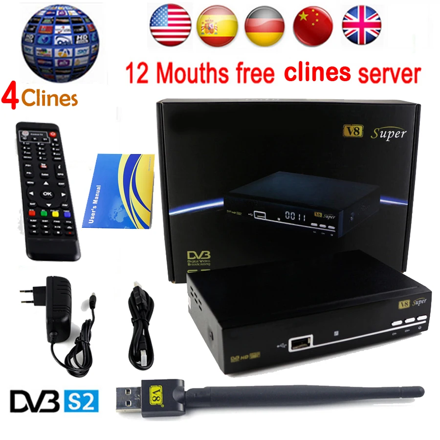

Satellite Receivers tv receptor V8 Super FTA DVB-S2 support Biss Key newcam 3G IPTV Youporn+1 year Europe C- Server