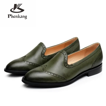 

Genuine sheepskin leather lady designer brogues vintage yinzo flats shoes handmade oxford shoes for women green 2020 summer