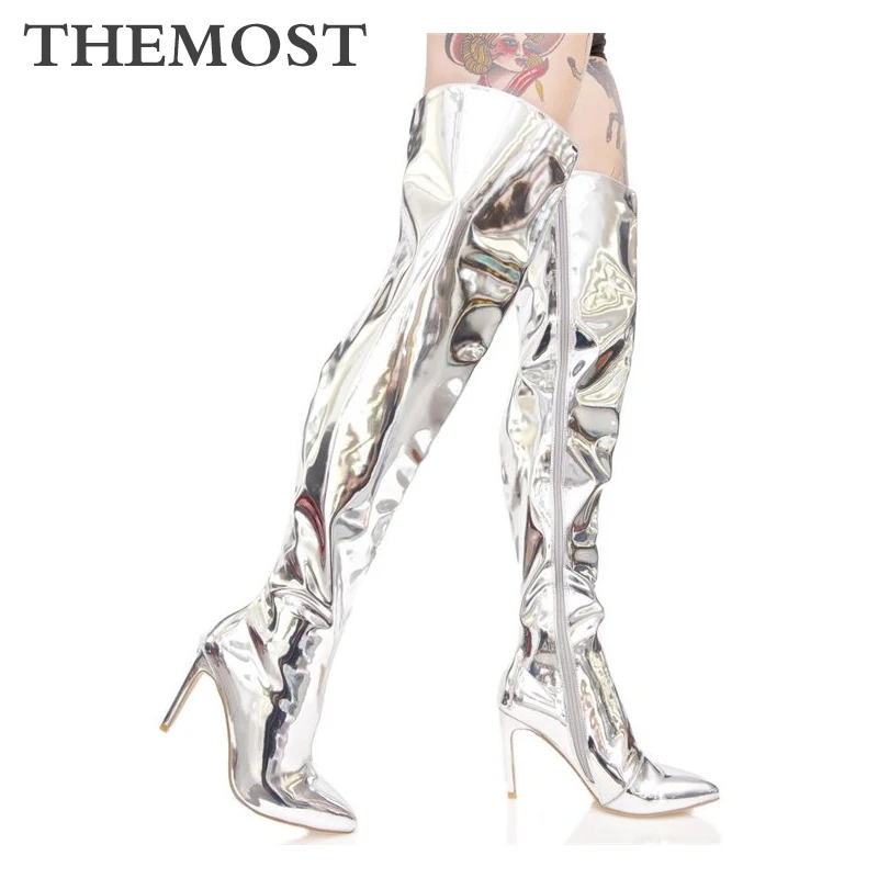 ARQA/зеркальные Женские Сапоги выше колена из искусственной кожи высокие сапоги с острым носком на высоком каблуке модные брендовые женские высокие сапоги