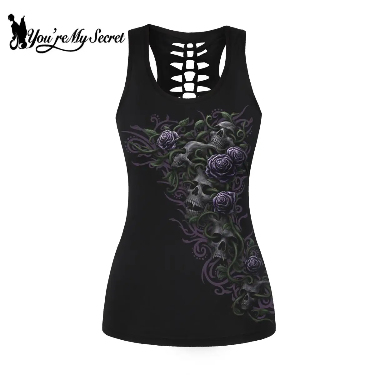 

[You're My Secret] Hollow Top Women Gothic Hollow Out Vest Summer Skull Rose slim Black Tank Top For Female