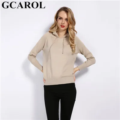 GCAROL, новинка, женский свитер с капюшоном из 30% шерсти, Осень-зима, вязаный пуловер, Повседневный, стрейчевый, базовый, трикотажный топ, трикотаж, S-2XL - Цвет: Light Camel