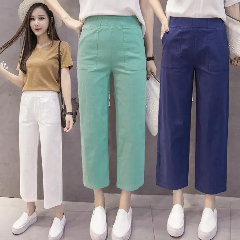 

New 2019 Spring Summer Fashion Mid Waist Cotton Wide Leg Pants Female Plus Size M-6XL 7XL Loose Casual Pants Trouser For Women
