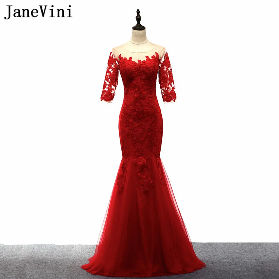 JaneVini Половина рукава мать невесты платья 2018 красный «русалка» Свадебная вечеринка платье Жених Мать Вечерние платья одежда тюль