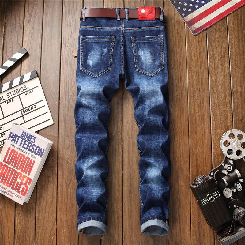 Новая мода отверстие значок вышитые джинсы для женщин для мужчин Высокое качество Тонкий прямые джинсовые брюки бренд S street стрейч повседн