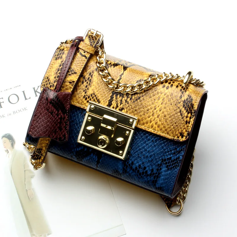 

SMINICA 2017 new snake leather cowhide leather large capacity small square package chain hit color single shoulder Messenger bag