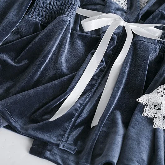 Комплект из 3 предметов, 1 комплект осень-зима Для женщин Пижамные комплекты теплое платье из плотной ткани, костюм халат с длинным рукавом Женские Кружевные штаны, одежда для сна, одежда для дома