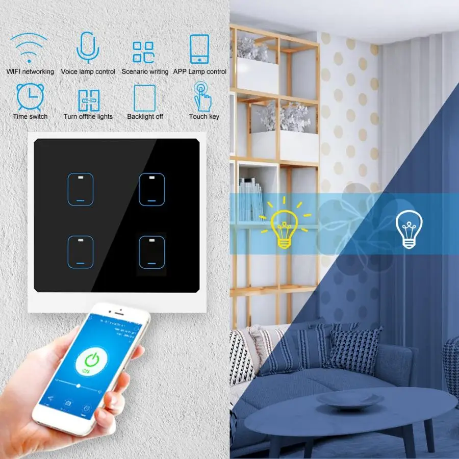 4 банды смарт WiFi сенсорный выключатель света приложение дистанционное управление голосом 90-250 В ЕС Разъем для Android/IOS