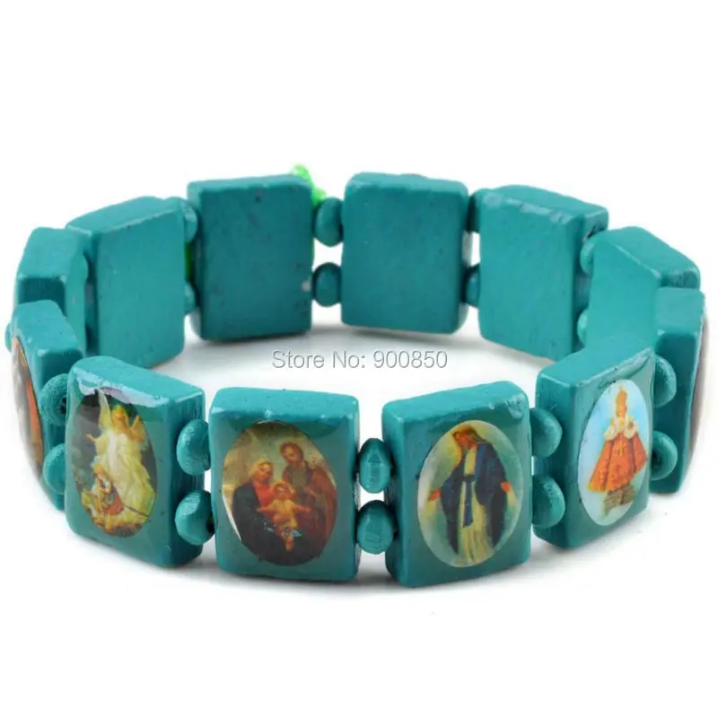 Saints Jesus Religious Wood Catholic Icon Bracelets Unisex Fashion Wood Bracelet Paryer Charm Jewelry 7 Colors charm bracelet