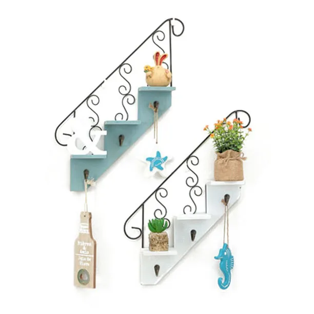 

HOT Creative Wooden Rack Staircase Storage Retro Style Flower Shelf Bonsai Wall Mounted Display Bookshelf Ladder Racks Hooks