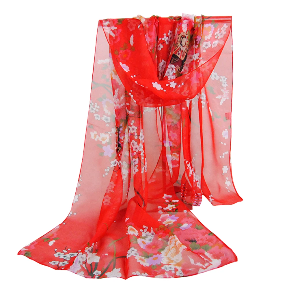 

Hot NEW Red Charming Floral Pattern Printed Chiffon Anti-UV Scarf For Women