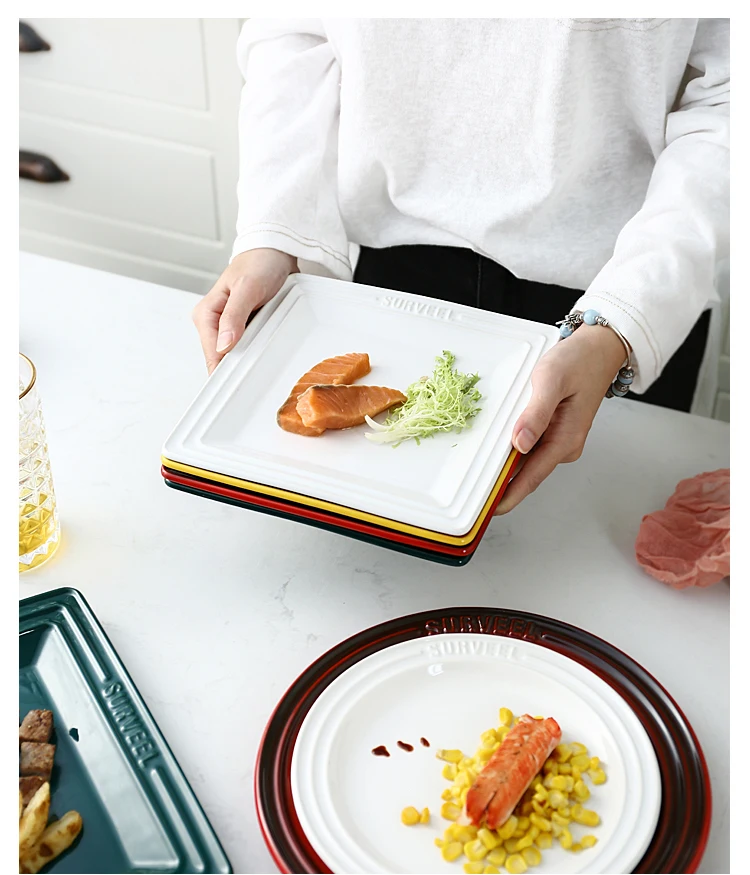 Скандинавская посуда, керамическое блюдо в стиле вестерн, Квадратная тарелка, тарелка для стейка, блюдо для салата, диск для завтрака, блюдо для лапши, поднос для закусок, столовый набор