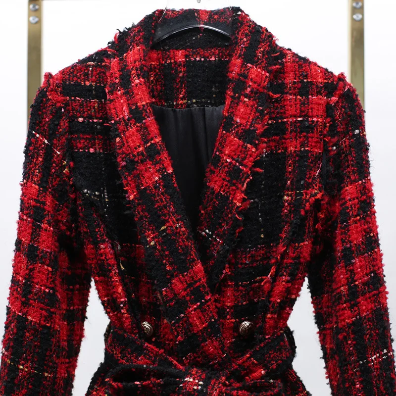 Long Blazer woman spring autumn 2019 new fashion office belt Plaid Double Breasted Long Sleeve tweed blazer femme 