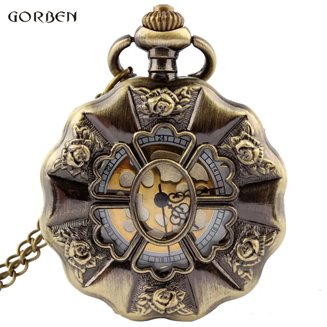 Vintage Bronze Rose Flower Full Steel Steampunk Pocket Watch With FOB Chain Uniq Vintage Bronze Rose Flower Full Steel Steampunk Pocket Watch With FOB Chain Uniq