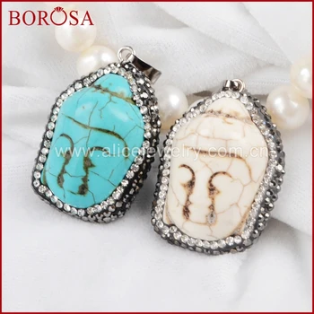 

BOROSA 10pcs Druzy Jewelry Blue/White Howlite Greenish Sky Blue Stone Carved Buddha Head Pendant Paved Zircon JAB325