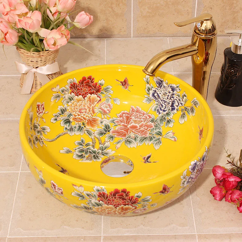 Good peony China Artistic Handmade Ceramic Lavobo Counter top Bathroom Sink Wash Basin bathroom sink yellow (6)