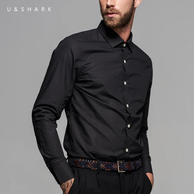British Style Long Sleeve 100% Cotton Poplin Black Office Shirt Slim ...