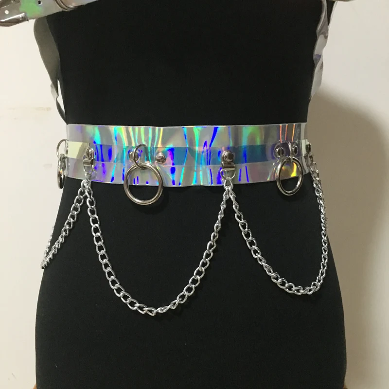 

Women Punk Shinny PVC harness wide waist belt buckled suspenders belt Metal Chain Tassel waist belt for Women