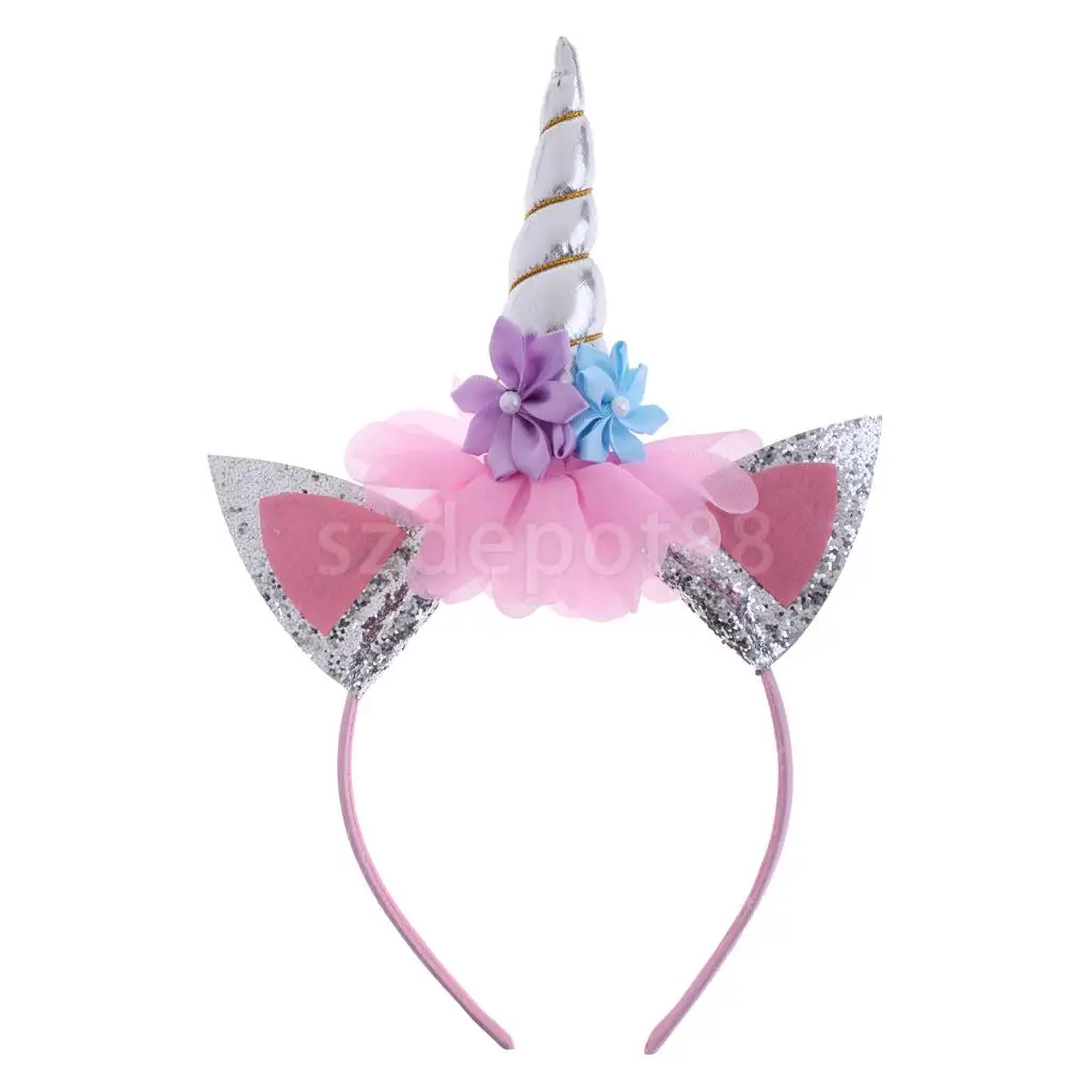 Girls Magical Unicorn Horn Ears Headband Fancy Dress Costume Glitter Gold/silver