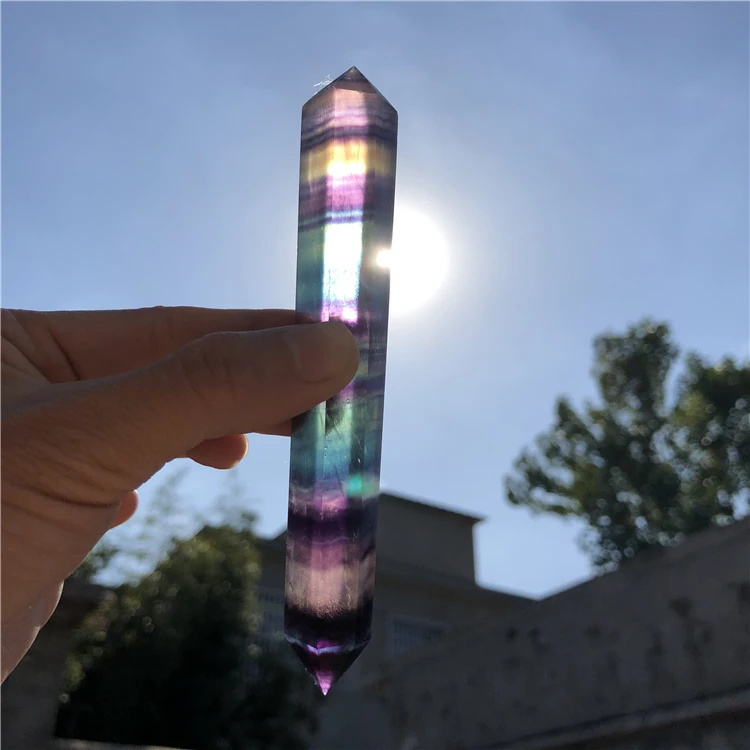 

long colorful fluorite crystal point wand double arrow pointed crystalgemstone healing crystal grid