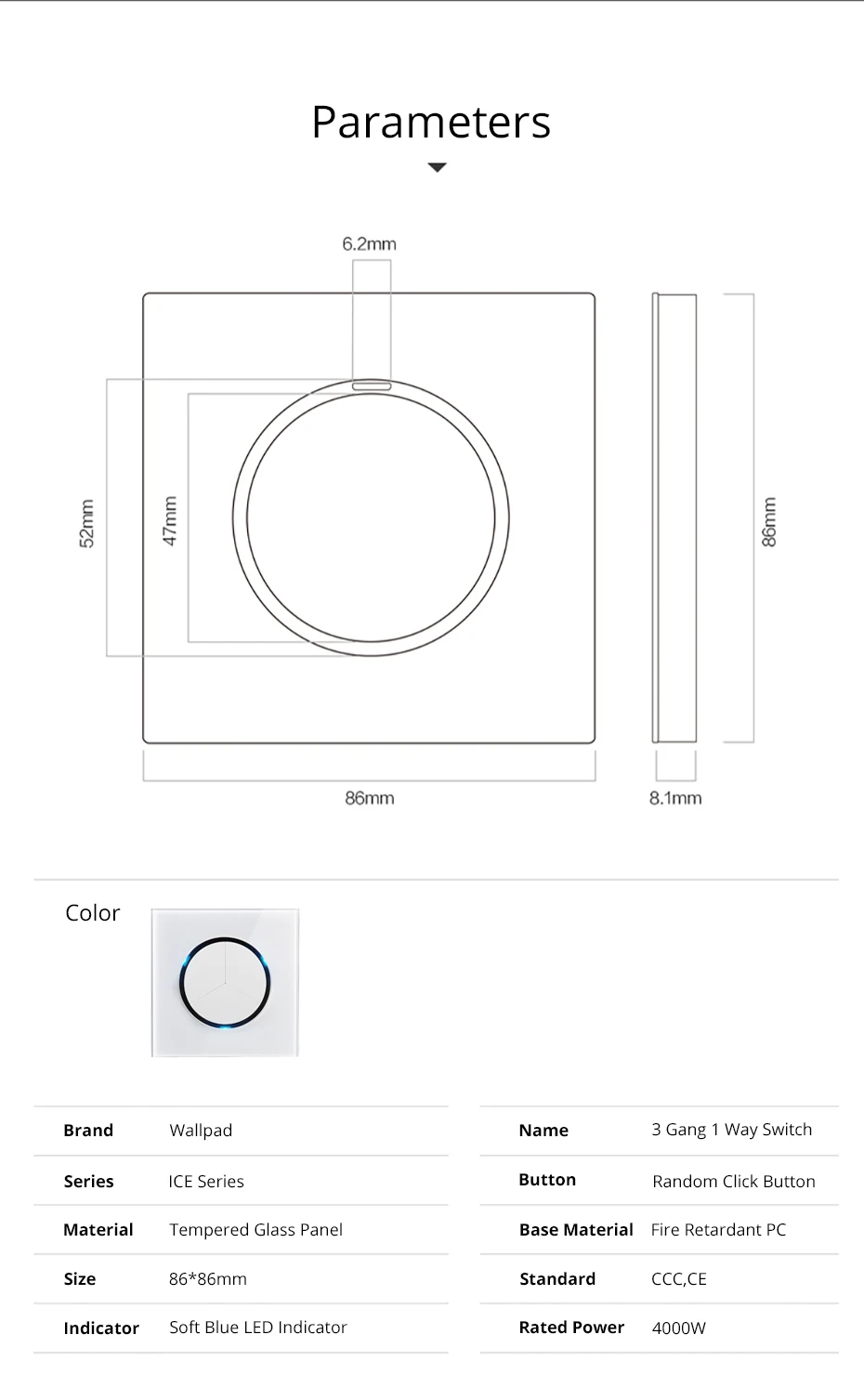 Wallpad New Arrival 3 Gang 1 Way Random Click Push Button Wall Light Switch With LED Indicator Crystal Glass Panel 16A