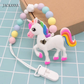 

Silicone Baby Dummy Clips with Unicorn Teether Infant Pacifier Chain Beech Wood Rings Baby Gym Toys Newborn Attache Sucette