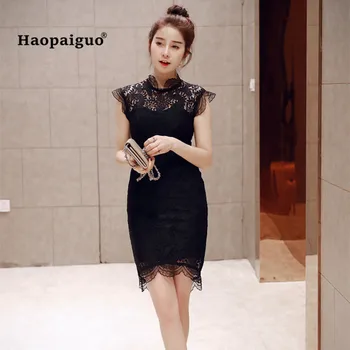 

Plus Size Sheath Lace Pencil Dress Women Summer Black Short Sleeve Stand Hollow Out Office Mini Dress for Women Party Lady Dress