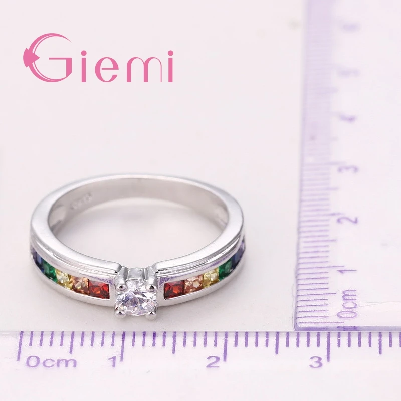New Arrival Colorful Rainbow Crystal 925 Sterling Silver Band Ring for Women Female Party Wedding Engagement Jewelry