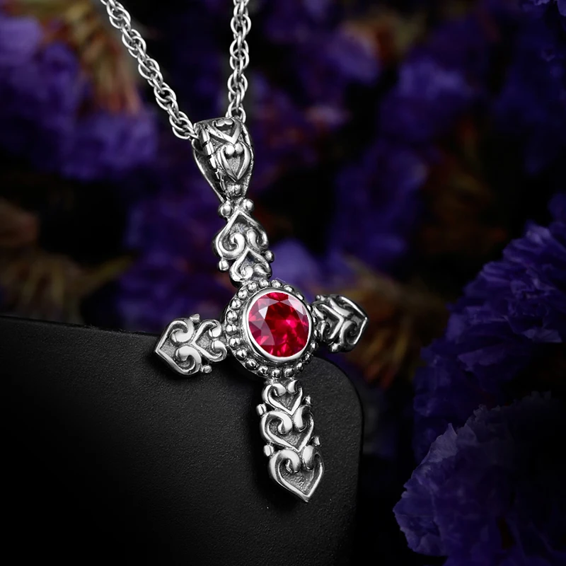 Роскошное ожерелье с кулоном в виде креста, принцесса, лаборатория, рубин, CZ камень, витнаж, ожерелье, Подвеска для женщин, 925 пробы, серебряные ювелирные изделия