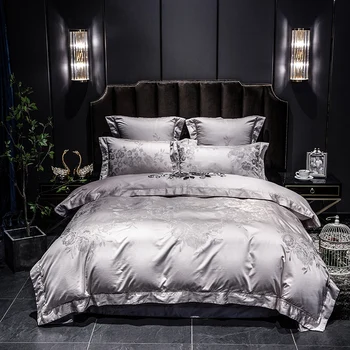 

Silver Satin like Silk Ultra Soft Duvet cover set Luxury Jacquard Bedding Set Queen King size Fitted /Flat Bed sheet 4/6Pieces