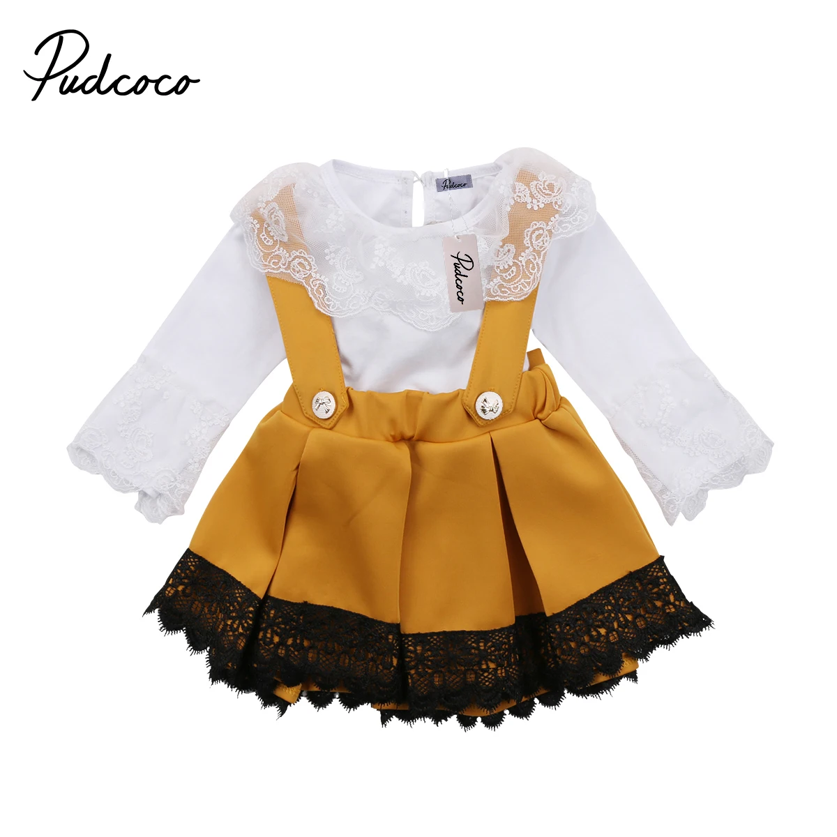 

Newest fashion Kid Baby Girls clothes set Lace floral print long sleeve Romper strap Bow Dress Pudcoco Party Outfits Set 2018