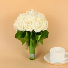 Buque de Noiva Искусственный цветок розы пена кристаллы зеленый Свадебный букет с лентой Свадебные аксессуары, букеты