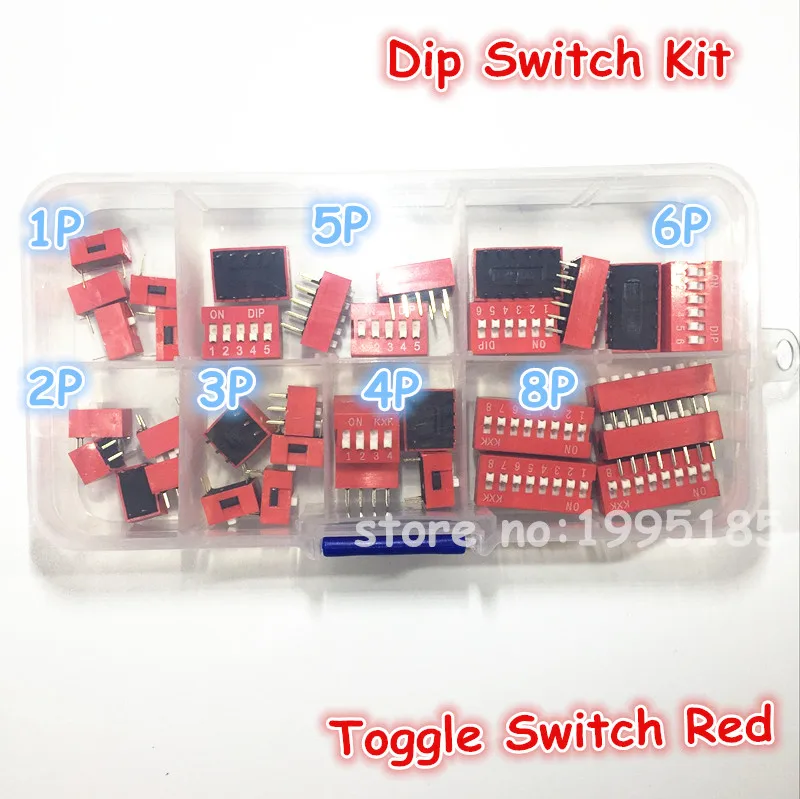 35 шт./лот, набор Dip-переключателей в коробке 1, 2, 3, 4, 5, 6, 8 каналов, 2,54 мм, тумблер, красные кнопочные переключатели, смешанный набор, каждый набор из 5 шт