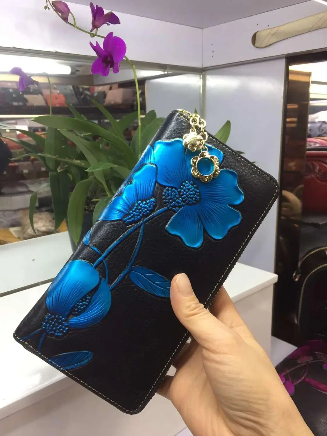 Роскошный женский кошелек, известный бренд, модный кошелек, винтажный кошелек с цветочным принтом, сумки для мобильных телефонов, Дамский клатч, кошелек для монет - Цвет: blue